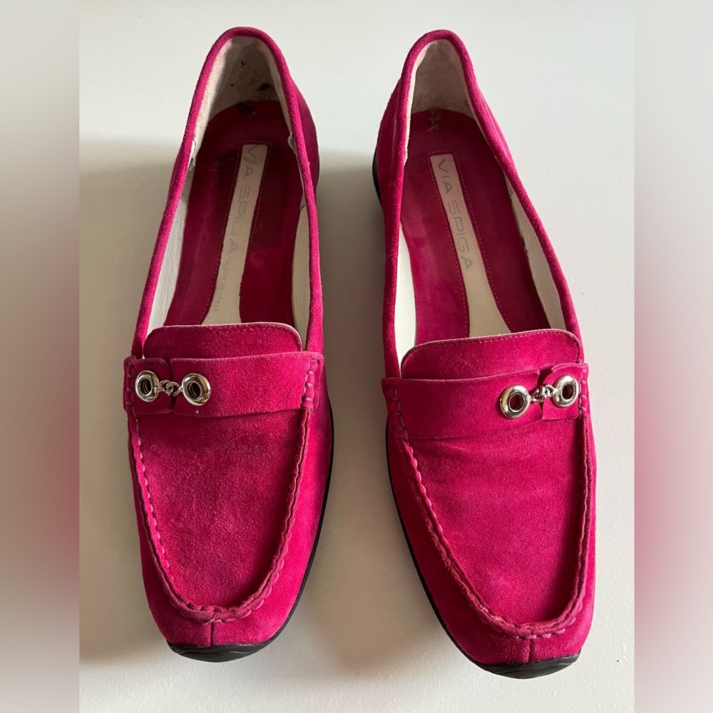- Via Spiga pink suede slip on loafers w/soft soles-slight heel-size 8